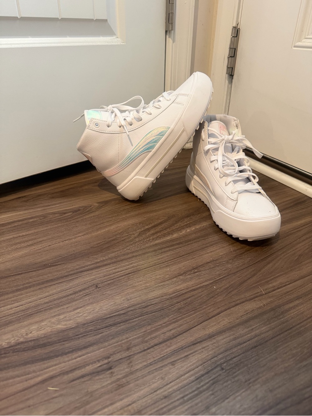 Puma White High-Top Sneakers with Iridescent Aqua Accent